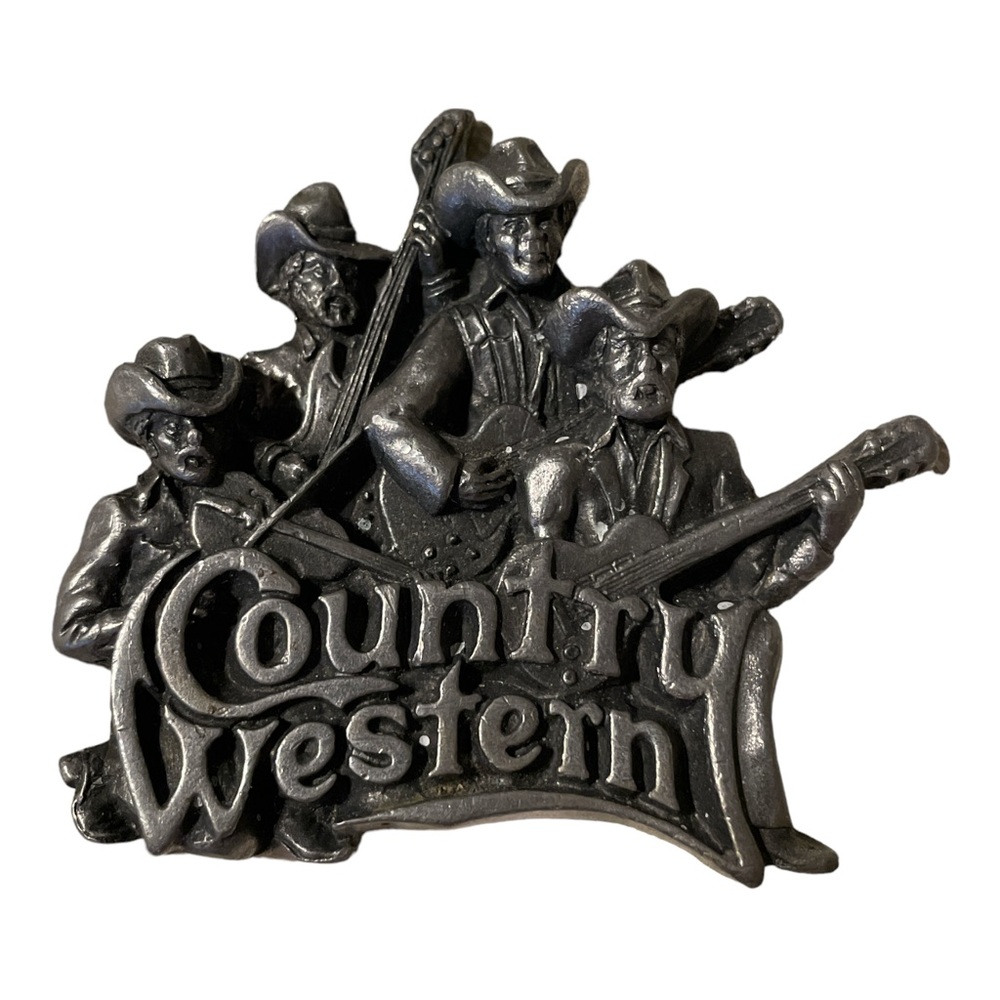 COUNTRY WESTERN Belt Buckle USA Made 1981 Heavy Pewter Bergamot Brass Works New